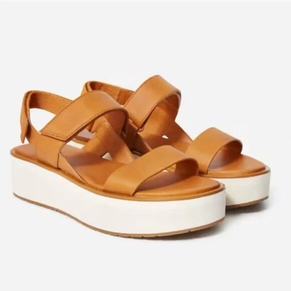 Everlane The Leather Platform Sandal Golden Brown Tan Ankle Strap White Velcro 8 - Picture 2 of 12